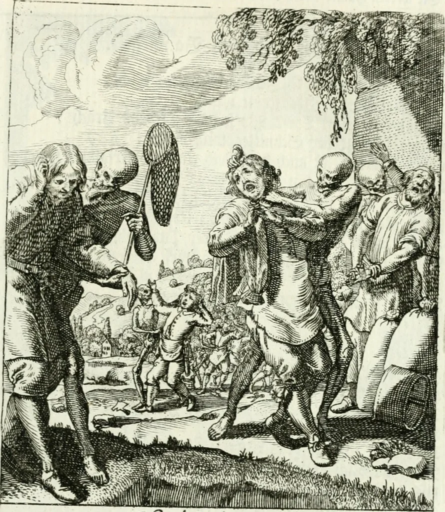 An illustration from Die menschliche Sterblichkeit unter dem Titel Todten-Tanz, in LXI. Original-Kupfern, 1759, leaf 92