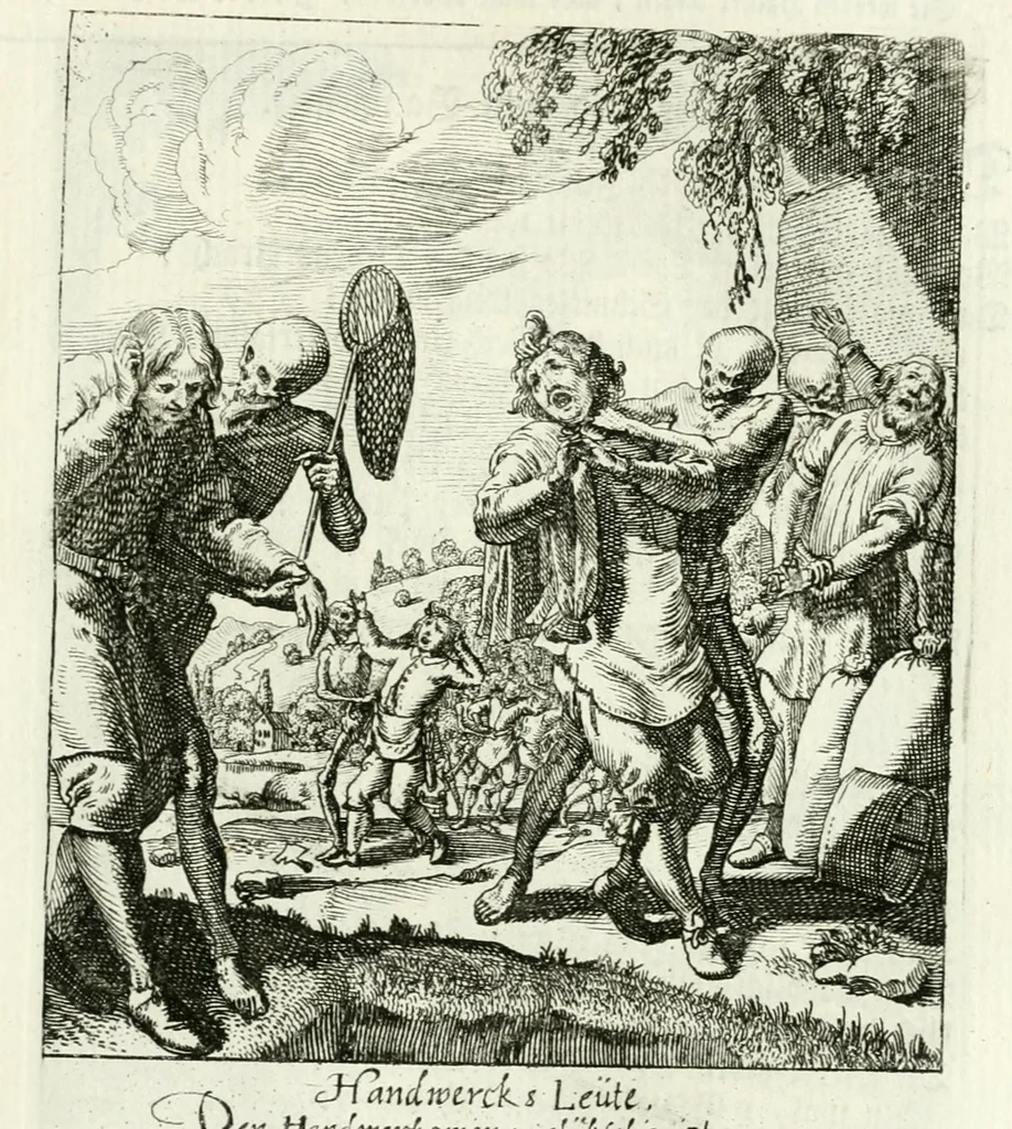 An illustration from Die menschliche Sterblichkeit unter dem Titel Todten-Tanz, in LXI. Original-Kupfern, 1759, leaf 93