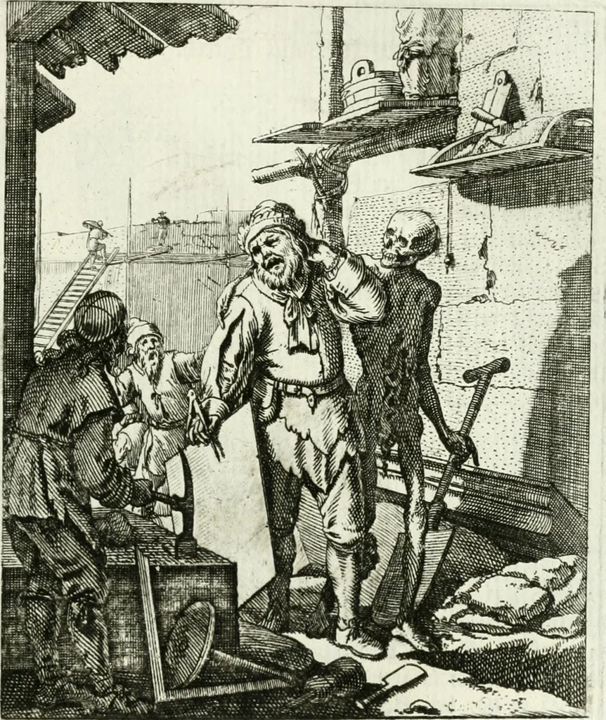 An illustration from Die menschliche Sterblichkeit unter dem Titel Todten-Tanz, in LXI. Original-Kupfern, 1759, leaf 94
