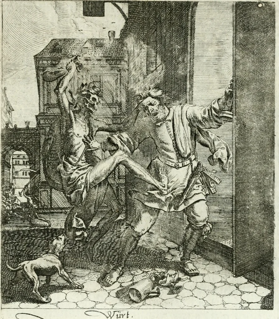 An illustration from Die menschliche Sterblichkeit unter dem Titel Todten-Tanz, in LXI. Original-Kupfern, 1759, leaf 96