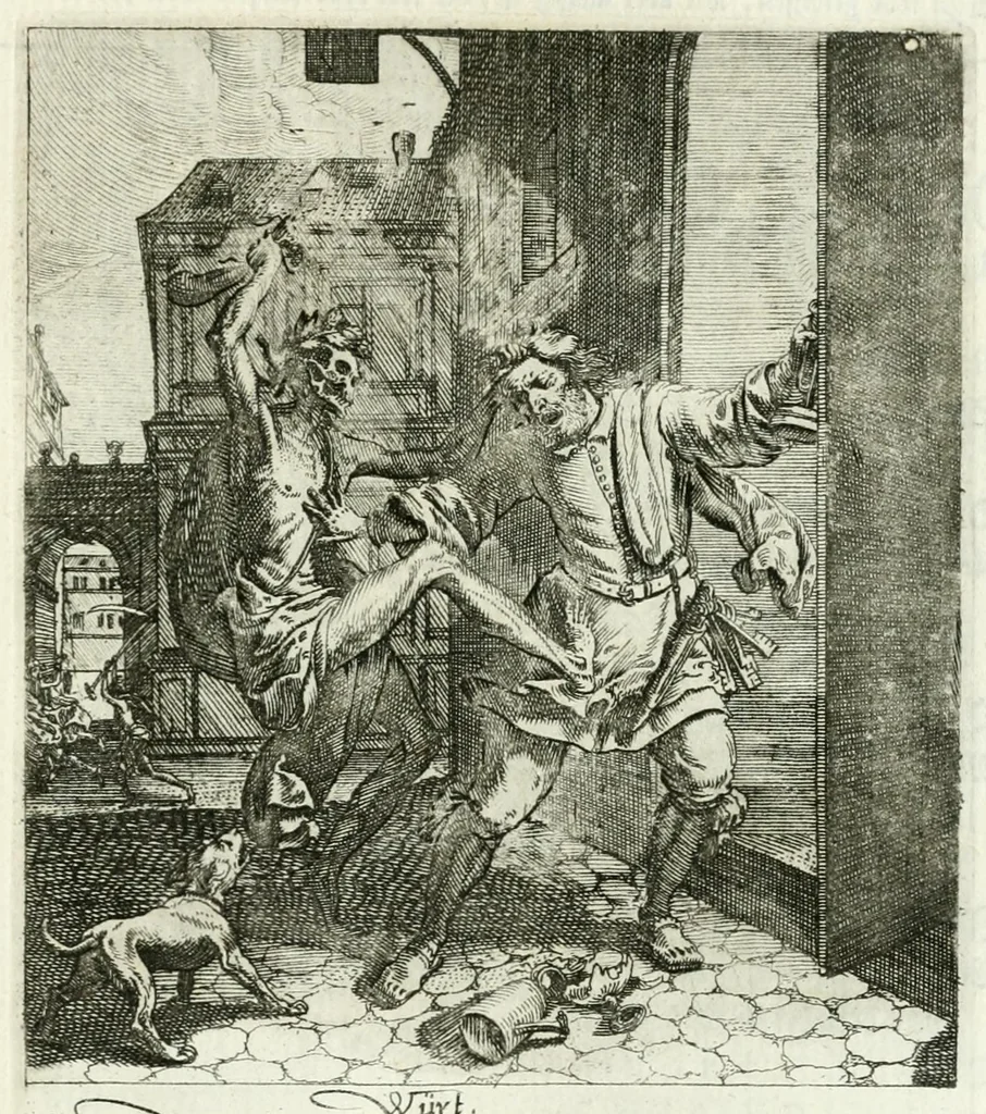 An illustration from Die menschliche Sterblichkeit unter dem Titel Todten-Tanz, in LXI. Original-Kupfern, 1759, leaf 97