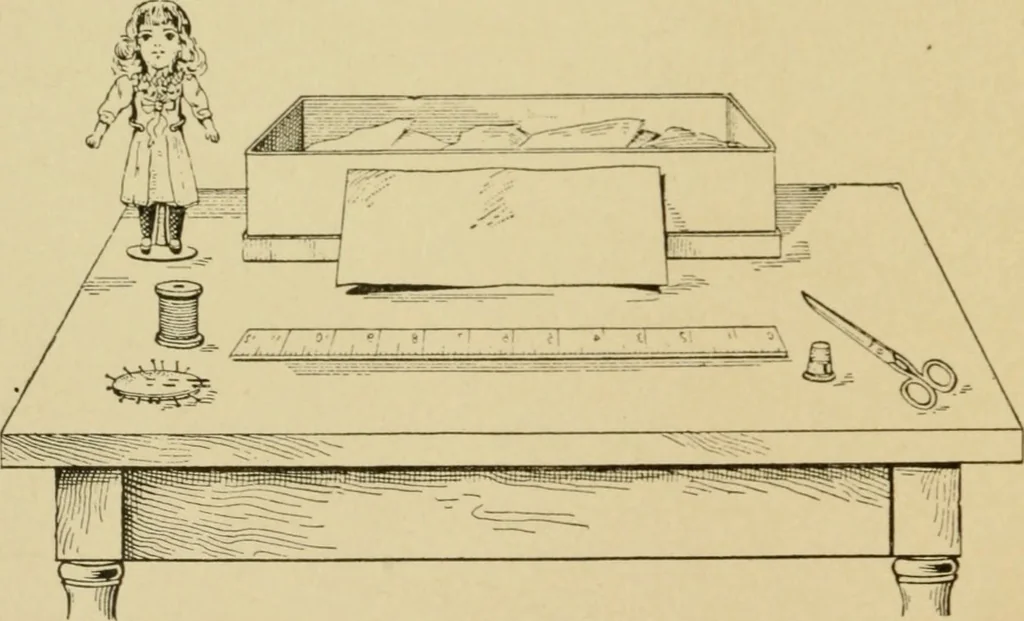 An illustration from Mental development and manual training combined, taking up the one stitch dropped in sewing by drills to sound-singing, 1899, leaf 19