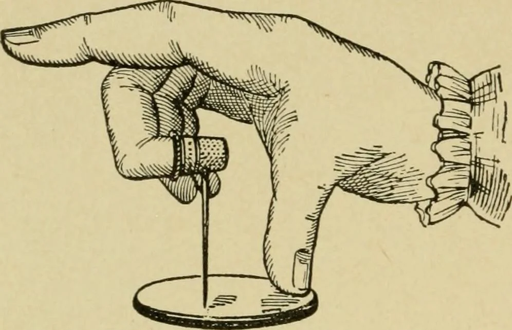 An illustration from Mental development and manual training combined, taking up the one stitch dropped in sewing by drills to sound-singing, 1899, leaf 23