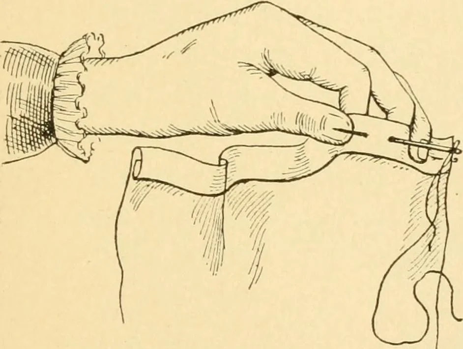 An illustration from Mental development and manual training combined, taking up the one stitch dropped in sewing by drills to sound-singing, 1899, leaf 24