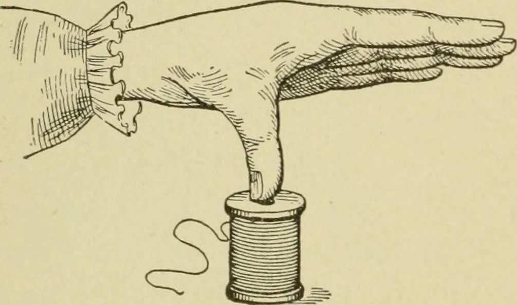 An illustration from Mental development and manual training combined, taking up the one stitch dropped in sewing by drills to sound-singing, 1899, leaf 25