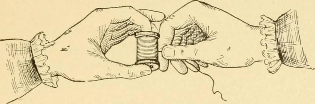 An illustration from Mental development and manual training combined, taking up the one stitch dropped in sewing by drills to sound-singing, 1899, leaf 26