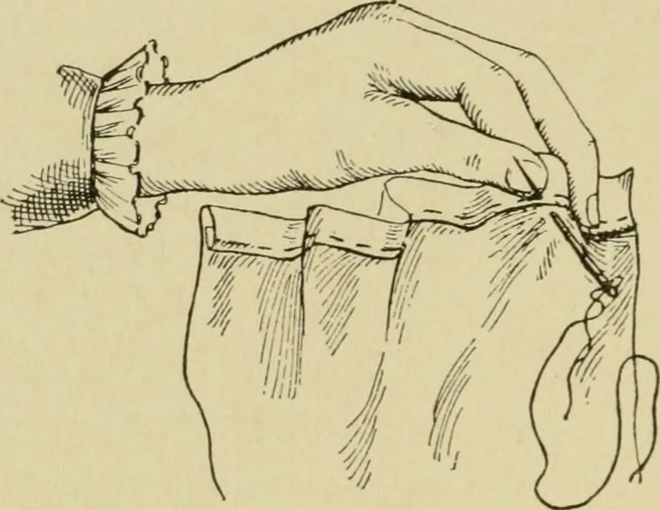 An illustration from Mental development and manual training combined, taking up the one stitch dropped in sewing by drills to sound-singing, 1899, leaf 39