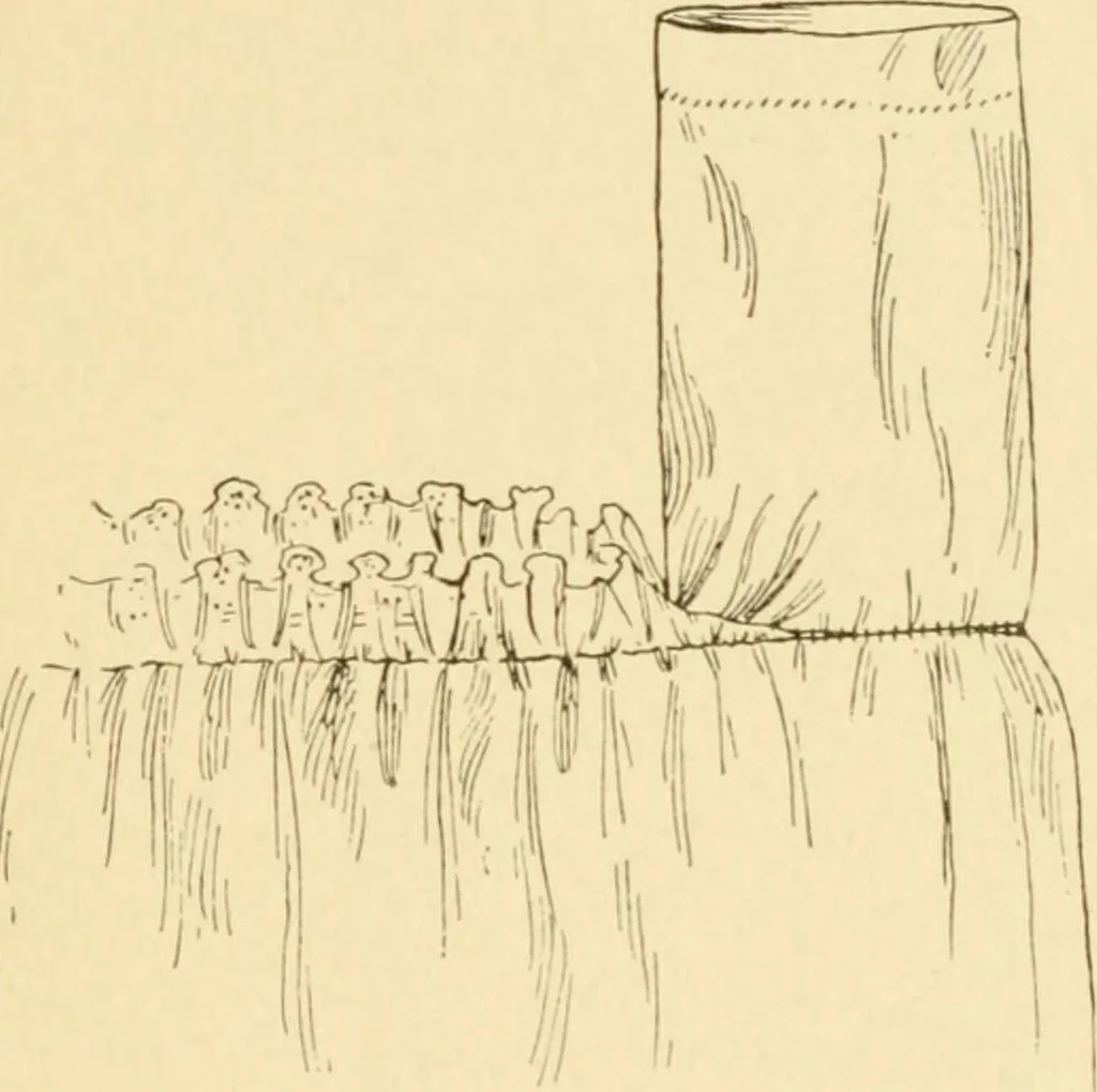 An illustration from Mental development and manual training combined, taking up the one stitch dropped in sewing by drills to sound-singing, 1899, leaf 42