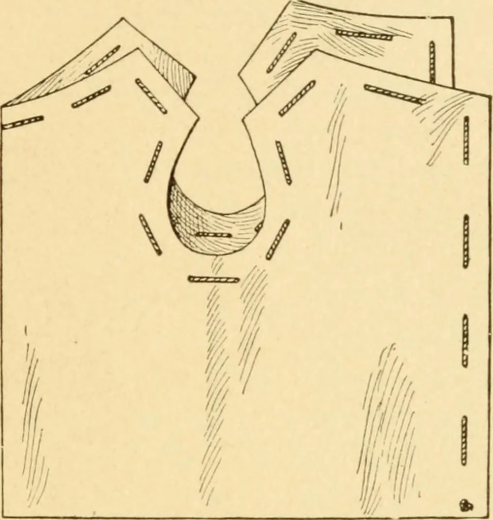 An illustration from Mental development and manual training combined, taking up the one stitch dropped in sewing by drills to sound-singing, 1899, leaf 48
