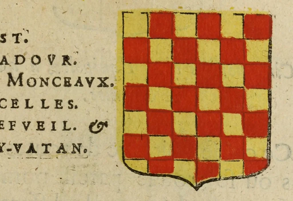 An illustration from Mercure armorial : enseignant les principes & elemens du blazon des armoires, selon l'ordre & les termes qui se practiquent en cette science : enrichy & augmente d'un grand nombre de figures enluminees de couleurs propres pour l'intelligence du livre : ouure curieux & necessaire pour introduire la noblesse dans la cognoissance des armes, 1652, leaf 107