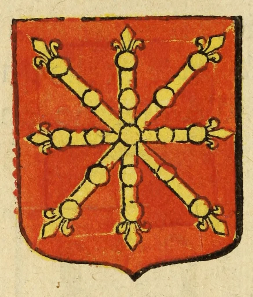 An illustration from Mercure armorial : enseignant les principes & elemens du blazon des armoires, selon l'ordre & les termes qui se practiquent en cette science : enrichy & augmente d'un grand nombre de figures enluminees de couleurs propres pour l'intelligence du livre : ouure curieux & necessaire pour introduire la noblesse dans la cognoissance des armes, 1652, leaf 116