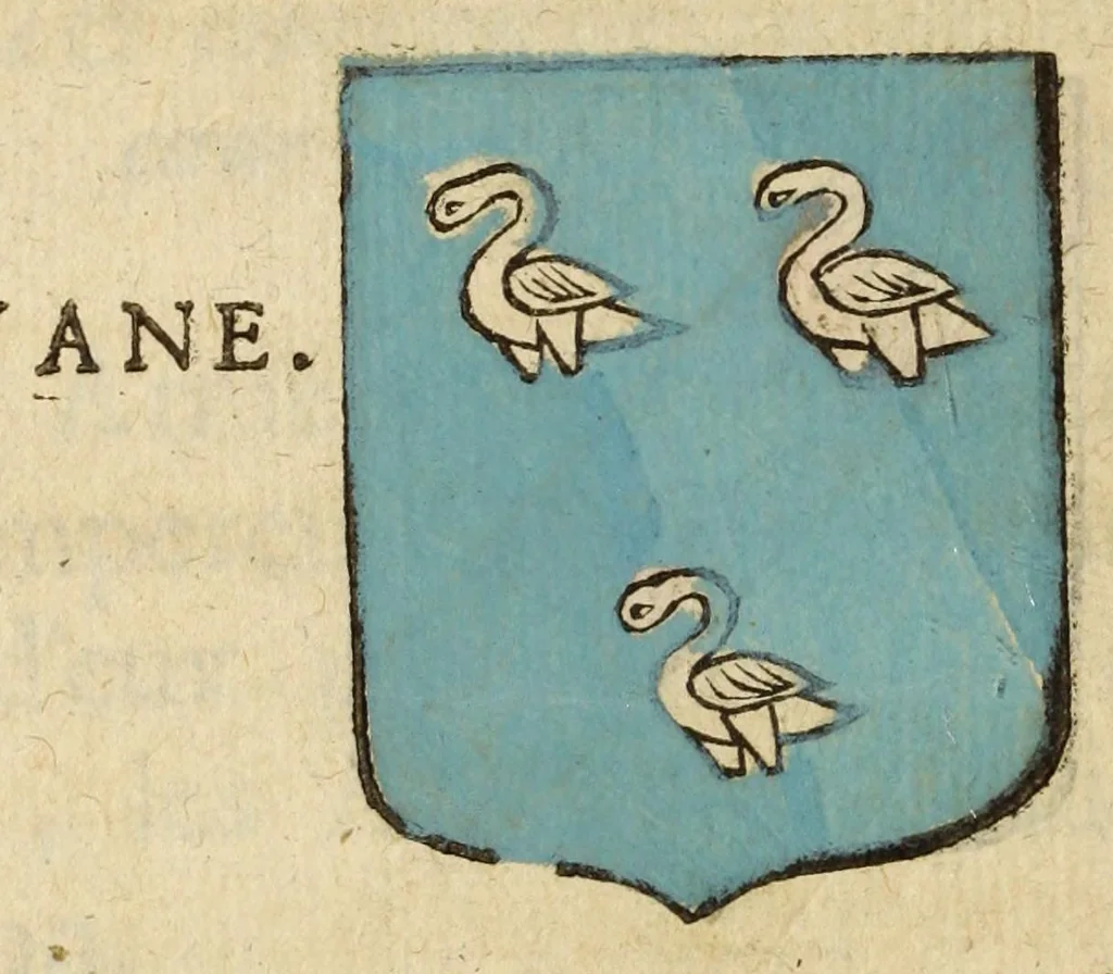 An illustration from Mercure armorial : enseignant les principes & elemens du blazon des armoires, selon l'ordre & les termes qui se practiquent en cette science : enrichy & augmente d'un grand nombre de figures enluminees de couleurs propres pour l'intelligence du livre : ouure curieux & necessaire pour introduire la noblesse dans la cognoissance des armes, 1652, leaf 160