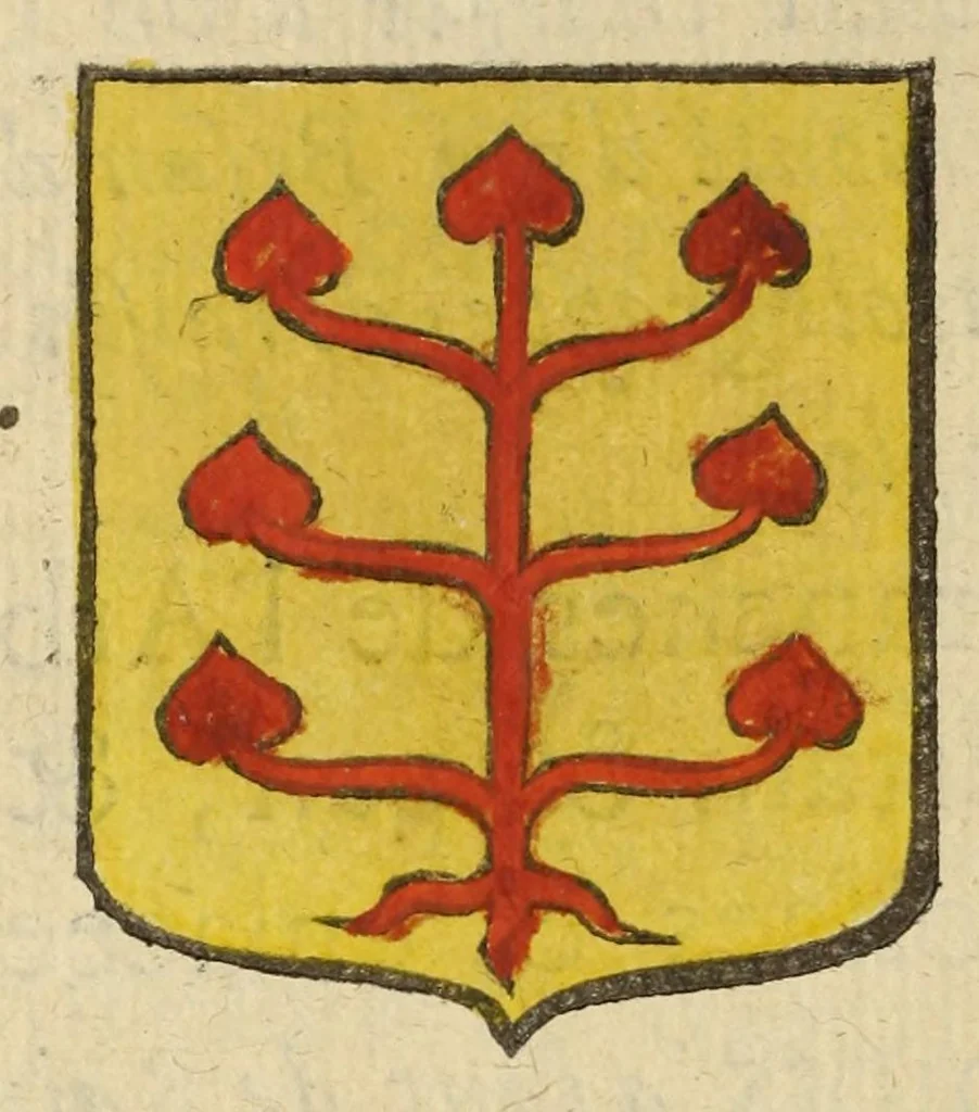 An illustration from Mercure armorial : enseignant les principes & elemens du blazon des armoires, selon l'ordre & les termes qui se practiquent en cette science : enrichy & augmente d'un grand nombre de figures enluminees de couleurs propres pour l'intelligence du livre : ouure curieux & necessaire pour introduire la noblesse dans la cognoissance des armes, 1652, leaf 180