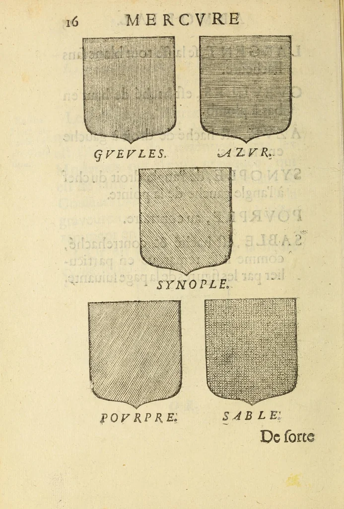 An illustration from Mercure armorial : enseignant les principes & elemens du blazon des armoires, selon l'ordre & les termes qui se practiquent en cette science : enrichy & augmente d'un grand nombre de figures enluminees de couleurs propres pour l'intelligence du livre : ouure curieux & necessaire pour introduire la noblesse dans la cognoissance des armes, 1652, leaf 34