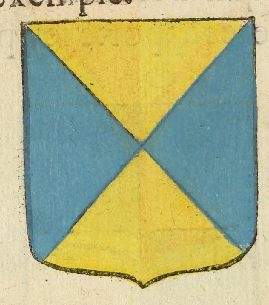An illustration from Mercure armorial : enseignant les principes & elemens du blazon des armoires, selon l'ordre & les termes qui se practiquent en cette science : enrichy & augmente d'un grand nombre de figures enluminees de couleurs propres pour l'intelligence du livre : ouure curieux & necessaire pour introduire la noblesse dans la cognoissance des armes, 1652, leaf 46
