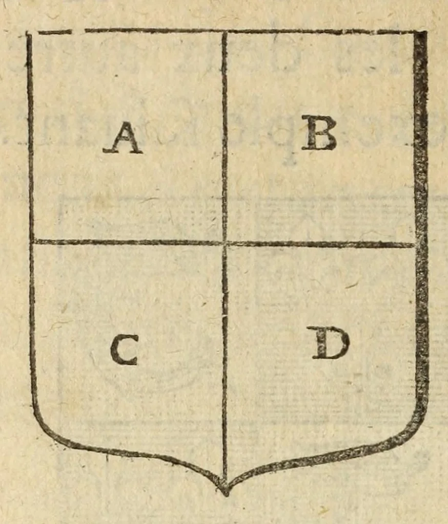 An illustration from Mercure armorial : enseignant les principes & elemens du blazon des armoires, selon l'ordre & les termes qui se practiquent en cette science : enrichy & augmente d'un grand nombre de figures enluminees de couleurs propres pour l'intelligence du livre : ouure curieux & necessaire pour introduire la noblesse dans la cognoissance des armes, 1652, leaf 54