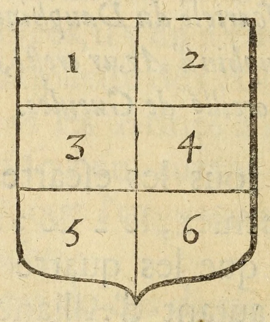 An illustration from Mercure armorial : enseignant les principes & elemens du blazon des armoires, selon l'ordre & les termes qui se practiquent en cette science : enrichy & augmente d'un grand nombre de figures enluminees de couleurs propres pour l'intelligence du livre : ouure curieux & necessaire pour introduire la noblesse dans la cognoissance des armes, 1652, leaf 54