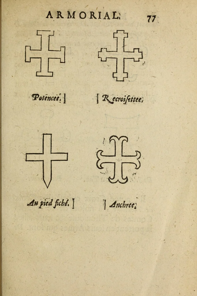 An illustration from Mercure armorial : enseignant les principes & elemens du blazon des armoires, selon l'ordre & les termes qui se practiquent en cette science : enrichy & augmente d'un grand nombre de figures enluminees de couleurs propres pour l'intelligence du livre : ouure curieux & necessaire pour introduire la noblesse dans la cognoissance des armes, 1652, leaf 95