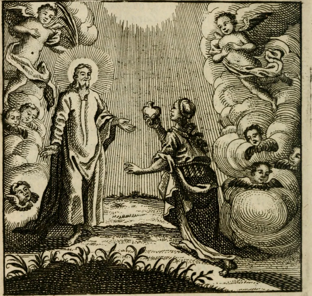 An illustration from Mercurialis, of, Winter-groen : dat is, Aangename en vermaakelyke geschiedenissen en gedichten, waarin verscheide zedelyke leerstukken. En een zeer ryke voorraad van Bybelsche concepten gevonden worden, voor alle bedroefde en vrolyke gemoederen, leeraars, predikers, en geestelyke persoonen; als mede voor alle byzondere leezers tot een voordeelig tydverdryf, namelyk, om vrolyk te leven en blymoedig te sterven, 1763, leaf 105