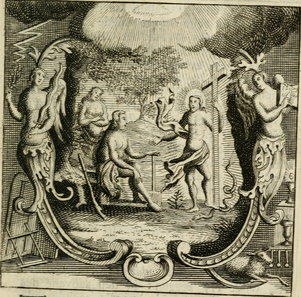 An illustration from Mercurialis, of, Winter-groen : dat is, Aangename en vermaakelyke geschiedenissen en gedichten, waarin verscheide zedelyke leerstukken. En een zeer ryke voorraad van Bybelsche concepten gevonden worden, voor alle bedroefde en vrolyke gemoederen, leeraars, predikers, en geestelyke persoonen; als mede voor alle byzondere leezers tot een voordeelig tydverdryf, namelyk, om vrolyk te leven en blymoedig te sterven, 1763, leaf 12