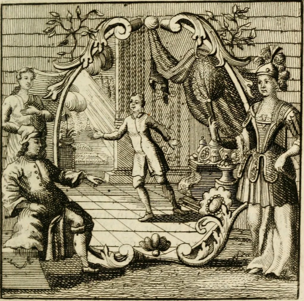 An illustration from Mercurialis, of, Winter-groen : dat is, Aangename en vermaakelyke geschiedenissen en gedichten, waarin verscheide zedelyke leerstukken. En een zeer ryke voorraad van Bybelsche concepten gevonden worden, voor alle bedroefde en vrolyke gemoederen, leeraars, predikers, en geestelyke persoonen; als mede voor alle byzondere leezers tot een voordeelig tydverdryf, namelyk, om vrolyk te leven en blymoedig te sterven, 1763, leaf 126