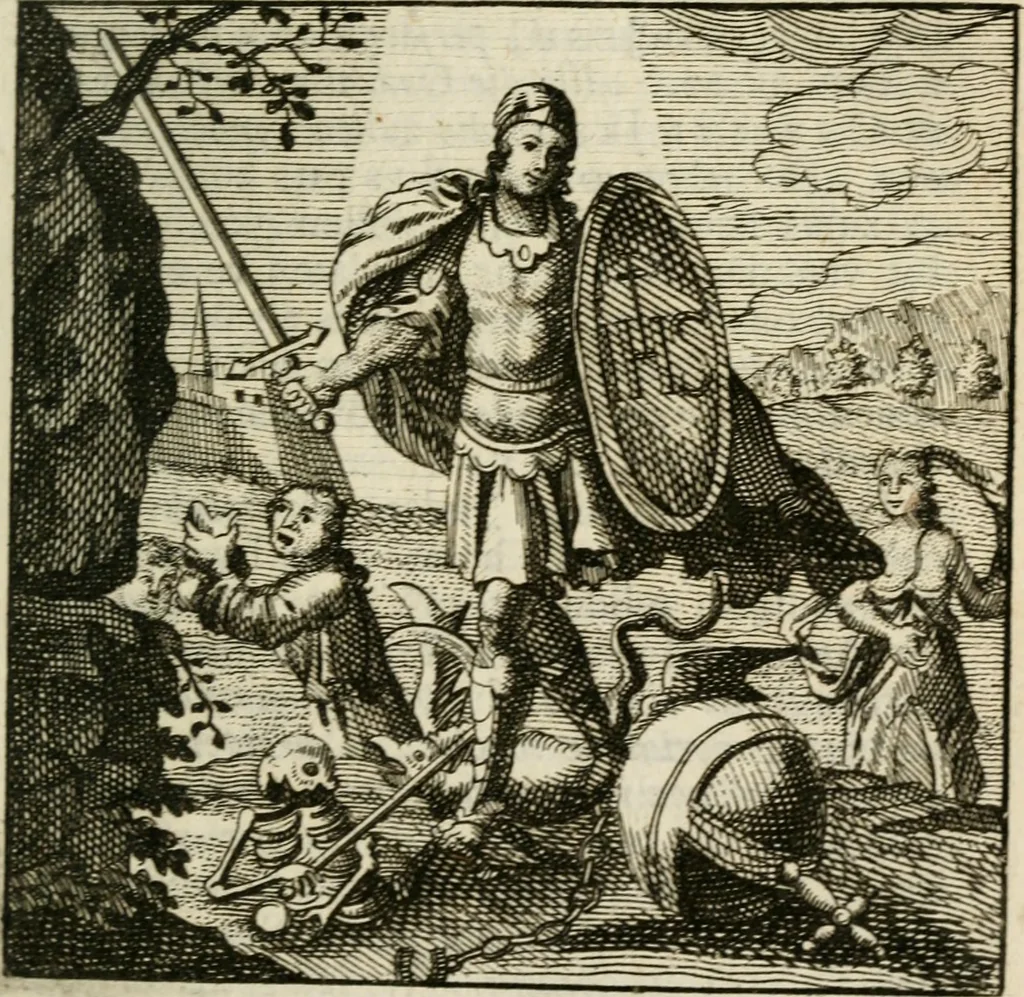 An illustration from Mercurialis, of, Winter-groen : dat is, Aangename en vermaakelyke geschiedenissen en gedichten, waarin verscheide zedelyke leerstukken. En een zeer ryke voorraad van Bybelsche concepten gevonden worden, voor alle bedroefde en vrolyke gemoederen, leeraars, predikers, en geestelyke persoonen; als mede voor alle byzondere leezers tot een voordeelig tydverdryf, namelyk, om vrolyk te leven en blymoedig te sterven, 1763, leaf 164