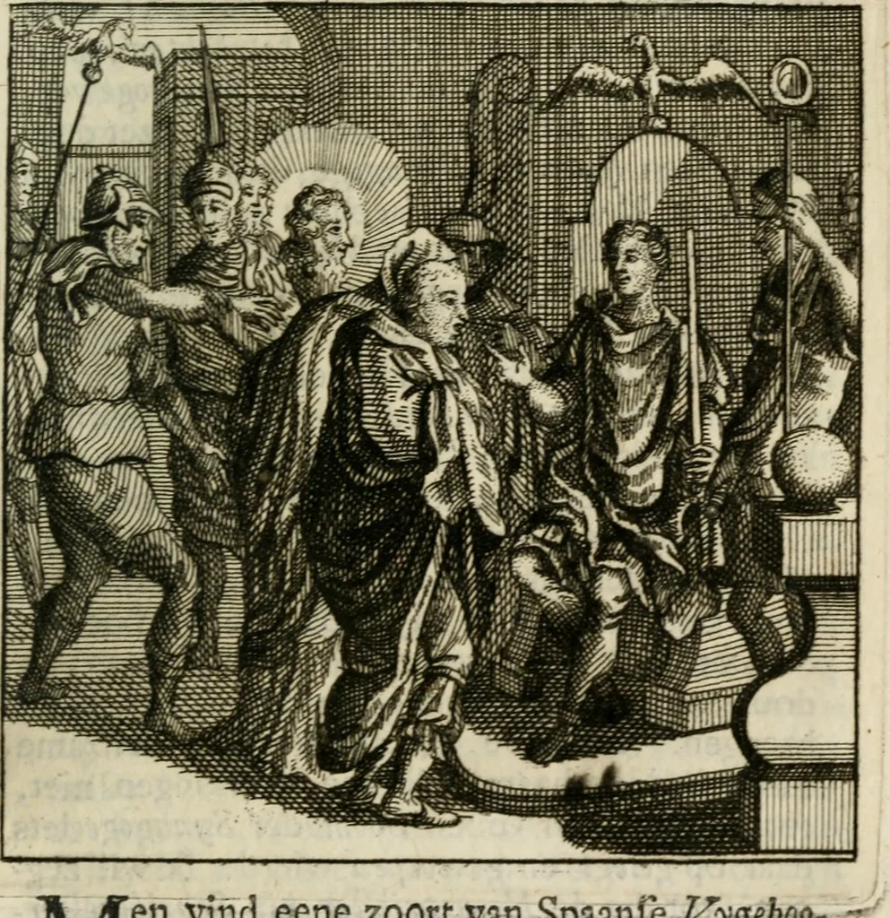 An illustration from Mercurialis, of, Winter-groen : dat is, Aangename en vermaakelyke geschiedenissen en gedichten, waarin verscheide zedelyke leerstukken. En een zeer ryke voorraad van Bybelsche concepten gevonden worden, voor alle bedroefde en vrolyke gemoederen, leeraars, predikers, en geestelyke persoonen; als mede voor alle byzondere leezers tot een voordeelig tydverdryf, namelyk, om vrolyk te leven en blymoedig te sterven, 1763, leaf 382