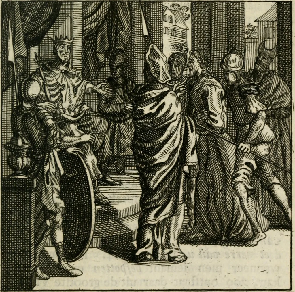 An illustration from Mercurialis, of, Winter-groen : dat is, Aangename en vermaakelyke geschiedenissen en gedichten, waarin verscheide zedelyke leerstukken. En een zeer ryke voorraad van Bybelsche concepten gevonden worden, voor alle bedroefde en vrolyke gemoederen, leeraars, predikers, en geestelyke persoonen; als mede voor alle byzondere leezers tot een voordeelig tydverdryf, namelyk, om vrolyk te leven en blymoedig te sterven, 1763, leaf 426