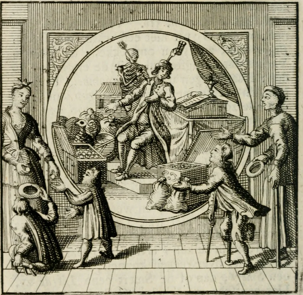An illustration from Mercurialis, of, Winter-groen : dat is, Aangename en vermaakelyke geschiedenissen en gedichten, waarin verscheide zedelyke leerstukken. En een zeer ryke voorraad van Bybelsche concepten gevonden worden, voor alle bedroefde en vrolyke gemoederen, leeraars, predikers, en geestelyke persoonen; als mede voor alle byzondere leezers tot een voordeelig tydverdryf, namelyk, om vrolyk te leven en blymoedig te sterven, 1763, leaf 55