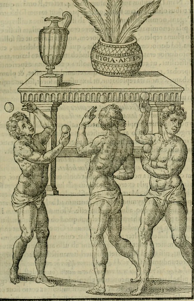 An illustration from Hieronymi Mercvrialis De arte gymnastica libri sex : in quibus exercitationum omnium vetustarum genera, loca, modi, facultates, & quidquid deniq. ad corporis humani exercitationes pertinet, diligenter explicatur .., 1573, leaf 112