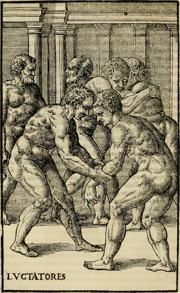 An illustration from Hieronymi Mercvrialis De arte gymnastica libri sex : in quibus exercitationum omnium vetustarum genera, loca, modi, facultates, & quidquid deniq. ad corporis humani exercitationes pertinet, diligenter explicatur .., 1573, leaf 123