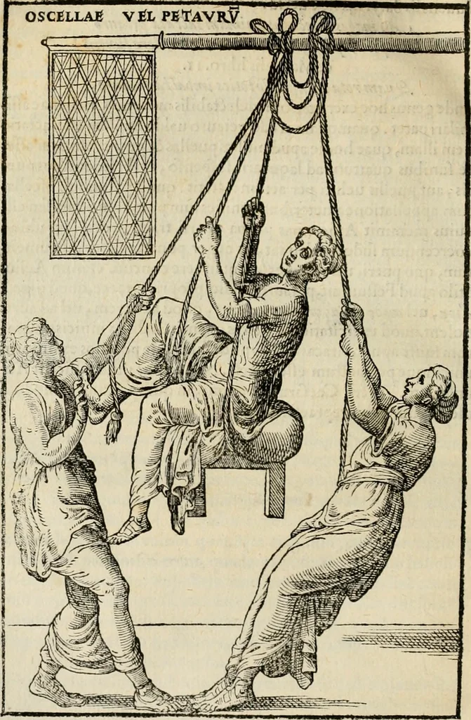 An illustration from Hieronymi Mercvrialis De arte gymnastica libri sex : in quibus exercitationum omnium vetustarum genera, loca, modi, facultates, & quidquid deniq. ad corporis humani exercitationes pertinet, diligenter explicatur .., 1573, leaf 183