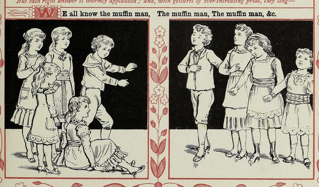 An illustration from Merrie games in rhyme : from ye olden time, 1886, leaf 37