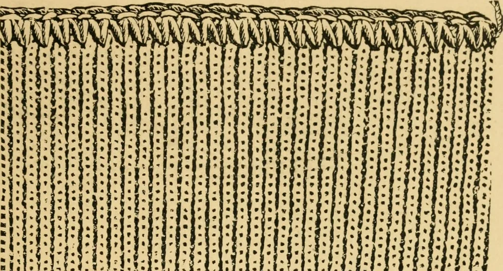 An illustration from The Merrow system of crocheting machinery and methods for finishing the edges of fabrics, 1889, leaf 10