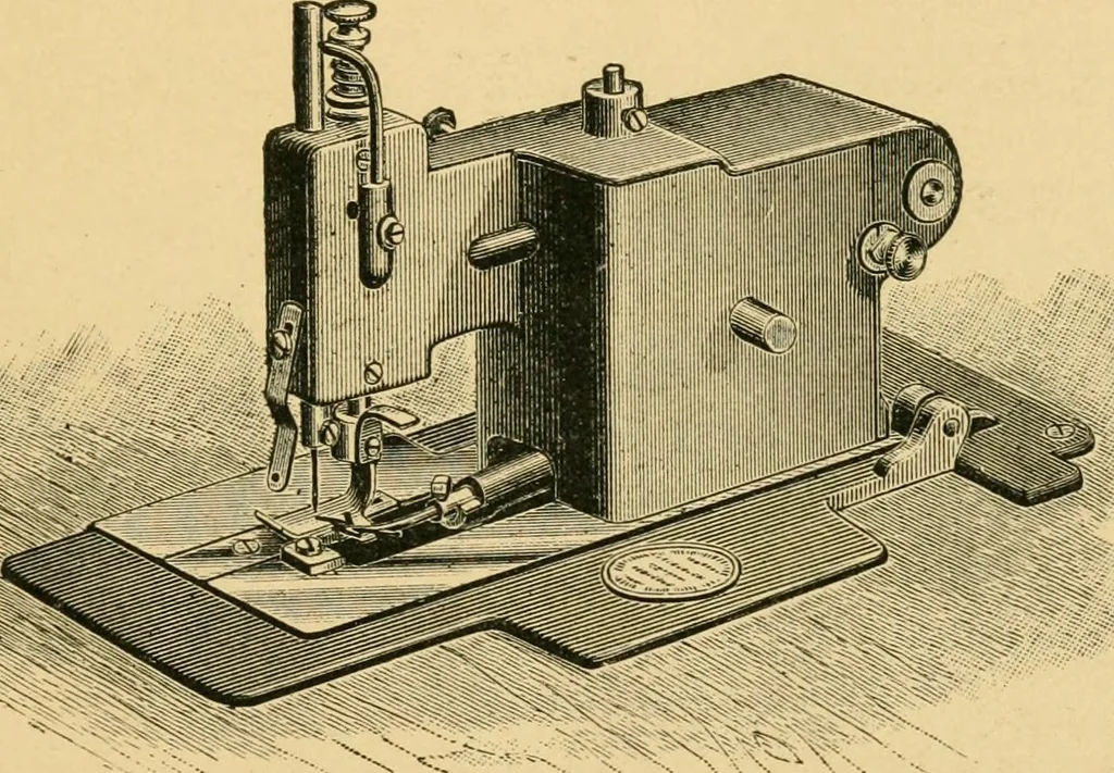 An illustration from The Merrow system of crocheting machinery and methods for finishing the edges of fabrics, 1889, leaf 8