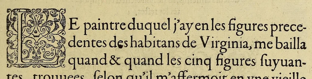 An illustration from Merueilleux et estrange rapport, toutesfois fidele, des commoditez qui se trouuent en Virginia, des facons des naturels habitans d'icelle, laquelle a esté nouuellement descouuerte par les Anglois que Mesire [sic] Richard Greinuile cheualier y mena en colonie lan.1585. : a la charge principale de Messire Walter Raleigh cheualier surintendant des Mines d'Estain, fauorisé par la royne d'Angleterre, et autorisé par ses lettres patentes., 1590, leaf 105