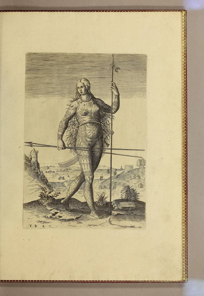 An illustration from Merueilleux et estrange rapport, toutesfois fidele, des commoditez qui se trouuent en Virginia, des facons des naturels habitans d'icelle, laquelle a esté nouuellement descouuerte par les Anglois que Mesire [sic] Richard Greinuile cheualier y mena en colonie lan.1585. : a la charge principale de Messire Walter Raleigh cheualier surintendant des Mines d'Estain, fauorisé par la royne d'Angleterre, et autorisé par ses lettres patentes., 1590, leaf 111