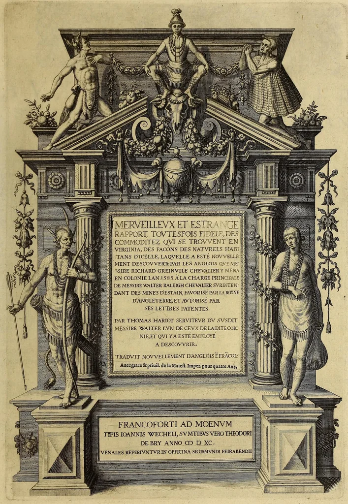 An illustration from Merueilleux et estrange rapport, toutesfois fidele, des commoditez qui se trouuent en Virginia, des facons des naturels habitans d'icelle, laquelle a esté nouuellement descouuerte par les Anglois que Mesire [sic] Richard Greinuile cheualier y mena en colonie lan.1585. : a la charge principale de Messire Walter Raleigh cheualier surintendant des Mines d'Estain, fauorisé par la royne d'Angleterre, et autorisé par ses lettres patentes., 1590, leaf 7