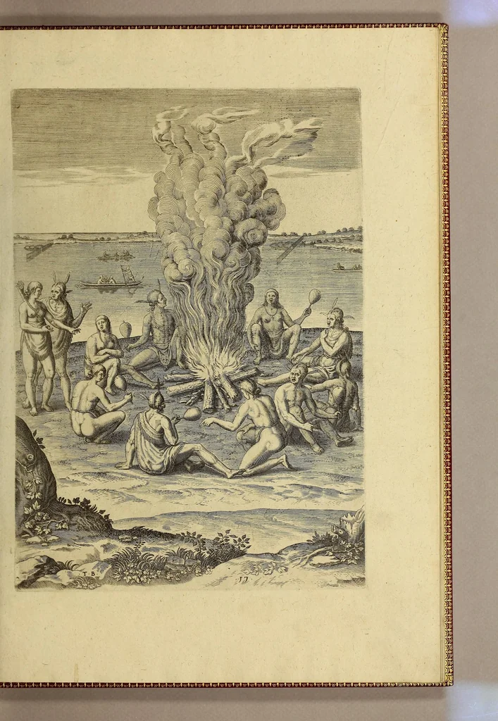 An illustration from Merueilleux et estrange rapport, toutesfois fidele, des commoditez qui se trouuent en Virginia, des facons des naturels habitans d'icelle, laquelle a esté nouuellement descouuerte par les Anglois que Mesire [sic] Richard Greinuile cheualier y mena en colonie lan.1585. : a la charge principale de Messire Walter Raleigh cheualier surintendant des Mines d'Estain, fauorisé par la royne d'Angleterre, et autorisé par ses lettres patentes., 1590, leaf 83