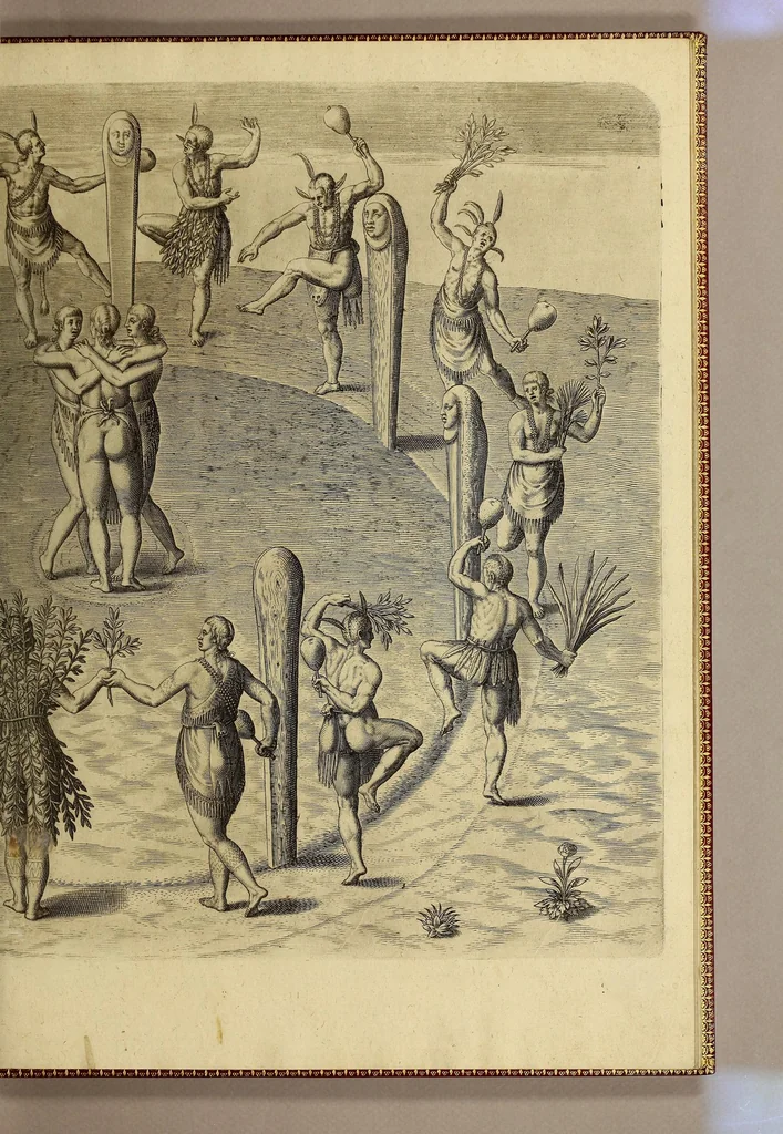 An illustration from Merueilleux et estrange rapport, toutesfois fidele, des commoditez qui se trouuent en Virginia, des facons des naturels habitans d'icelle, laquelle a esté nouuellement descouuerte par les Anglois que Mesire [sic] Richard Greinuile cheualier y mena en colonie lan.1585. : a la charge principale de Messire Walter Raleigh cheualier surintendant des Mines d'Estain, fauorisé par la royne d'Angleterre, et autorisé par ses lettres patentes., 1590, leaf 87