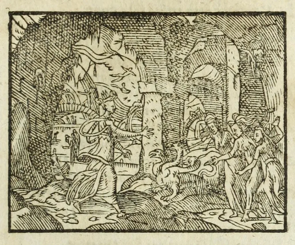An illustration from Metamorphoses Ovidii : argvmentis quidem soluta oratione, enarrationibus autem & allegoriis elegiaco versu accuratissimè expositae, summaq[ue] diligentia ac studio illustratae, 1583, leaf 121