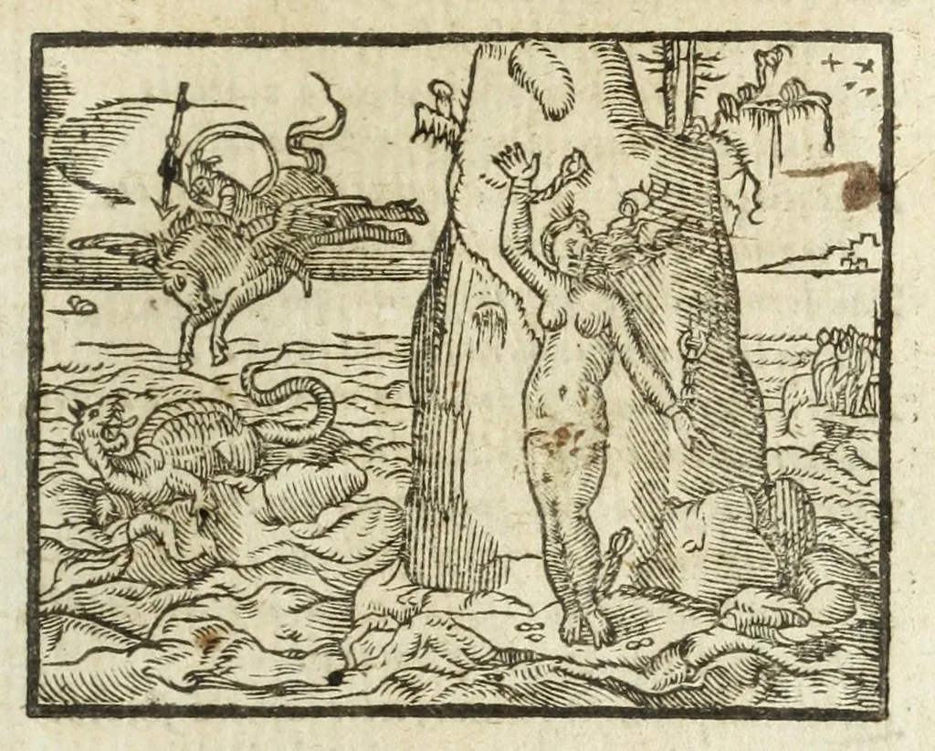 An illustration from Metamorphoses Ovidii : argvmentis quidem soluta oratione, enarrationibus autem & allegoriis elegiaco versu accuratissimè expositae, summaq[ue] diligentia ac studio illustratae, 1583, leaf 131