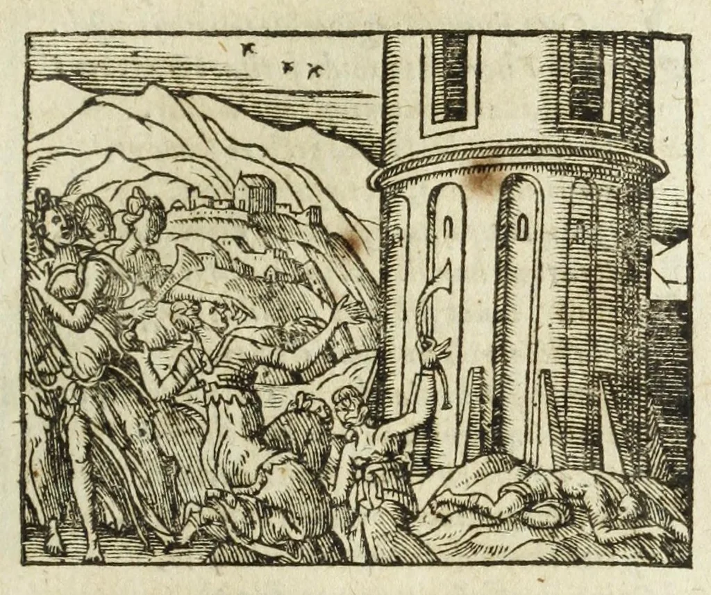 An illustration from Metamorphoses Ovidii : argvmentis quidem soluta oratione, enarrationibus autem & allegoriis elegiaco versu accuratissimè expositae, summaq[ue] diligentia ac studio illustratae, 1583, leaf 141