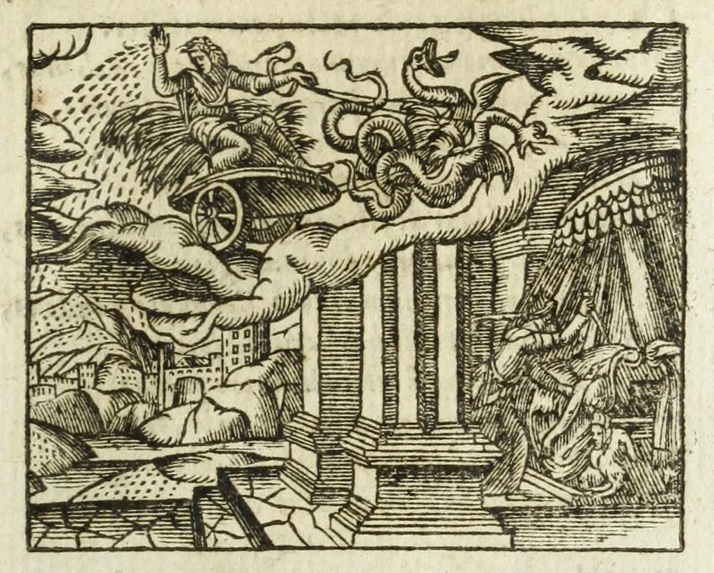 An illustration from Metamorphoses Ovidii : argvmentis quidem soluta oratione, enarrationibus autem & allegoriis elegiaco versu accuratissimè expositae, summaq[ue] diligentia ac studio illustratae, 1583, leaf 151