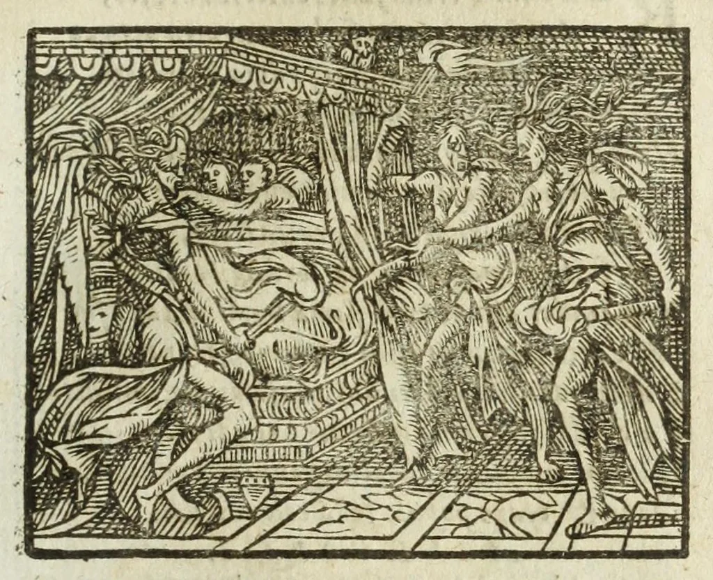 An illustration from Metamorphoses Ovidii : argvmentis quidem soluta oratione, enarrationibus autem & allegoriis elegiaco versu accuratissimè expositae, summaq[ue] diligentia ac studio illustratae, 1583, leaf 159