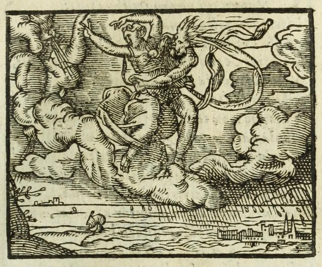 An illustration from Metamorphoses Ovidii : argvmentis quidem soluta oratione, enarrationibus autem & allegoriis elegiaco versu accuratissimè expositae, summaq[ue] diligentia ac studio illustratae, 1583, leaf 169