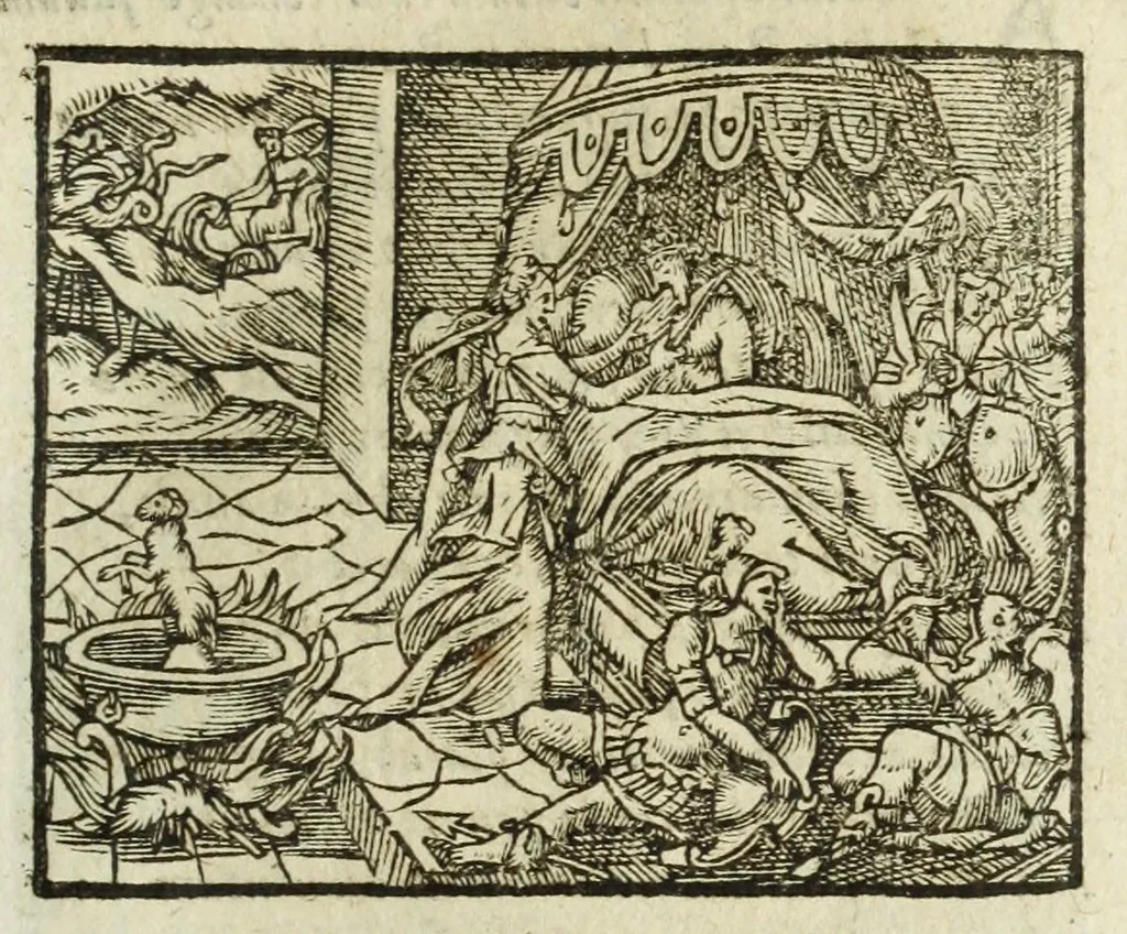 An illustration from Metamorphoses Ovidii : argvmentis quidem soluta oratione, enarrationibus autem & allegoriis elegiaco versu accuratissimè expositae, summaq[ue] diligentia ac studio illustratae, 1583, leaf 179