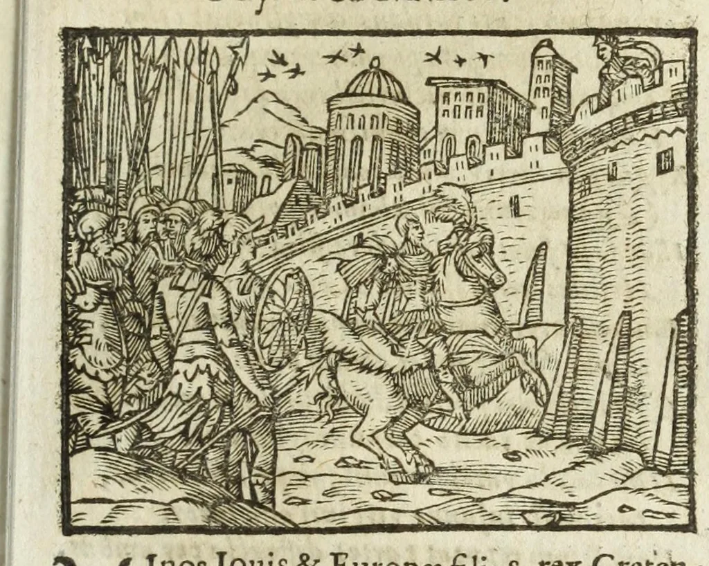 An illustration from Metamorphoses Ovidii : argvmentis quidem soluta oratione, enarrationibus autem & allegoriis elegiaco versu accuratissimè expositae, summaq[ue] diligentia ac studio illustratae, 1583, leaf 199