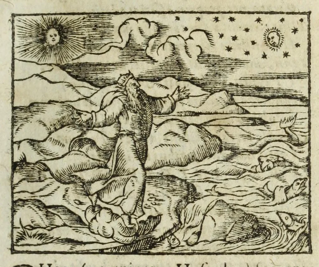 An illustration from Metamorphoses Ovidii : argvmentis quidem soluta oratione, enarrationibus autem & allegoriis elegiaco versu accuratissimè expositae, summaq[ue] diligentia ac studio illustratae, 1583, leaf 21