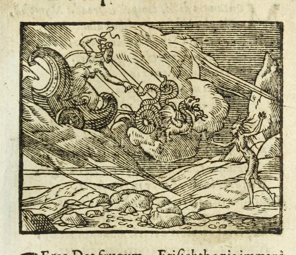 An illustration from Metamorphoses Ovidii : argvmentis quidem soluta oratione, enarrationibus autem & allegoriis elegiaco versu accuratissimè expositae, summaq[ue] diligentia ac studio illustratae, 1583, leaf 227